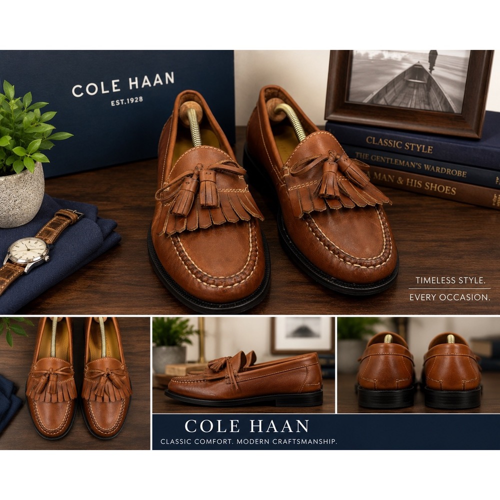 Cole Haan Men's Brown Leather Kiltie Tassel Loafers Slip-On Dress Shoes Size 9